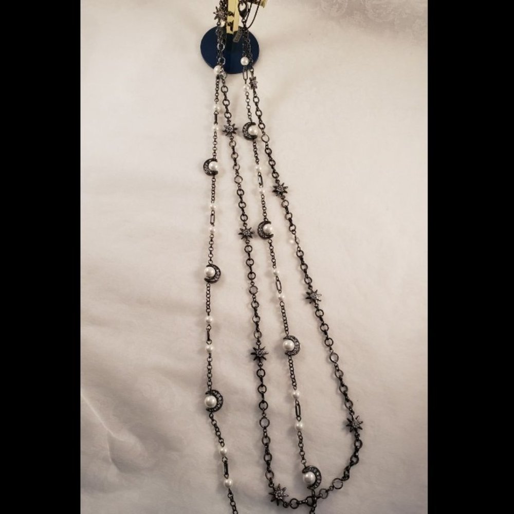 White House Black Market Hematite Duel Strand Moon and Stars Necklace